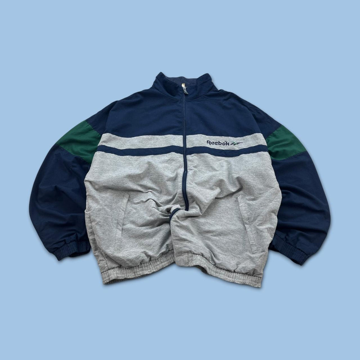 VINTAGE 90s REEBOK WINDBREAKER TRACK JACKET GREY / NAVY
