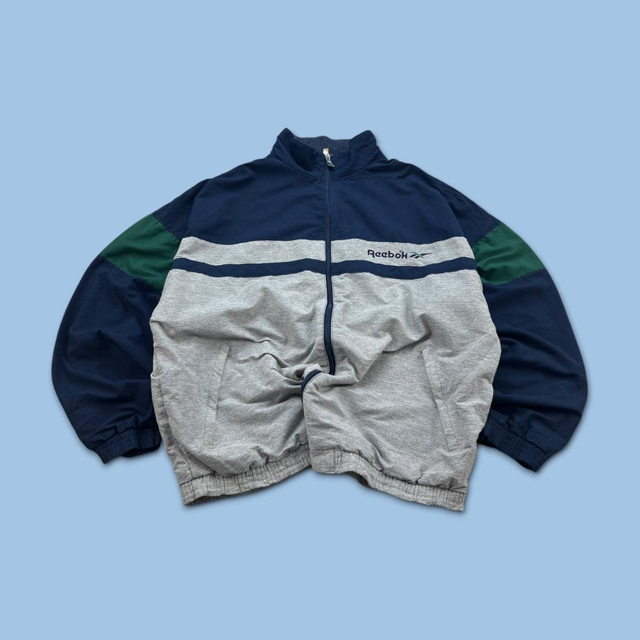 VINTAGE 90s REEBOK WINDBREAKER TRACK JACKET GREY / NAVY