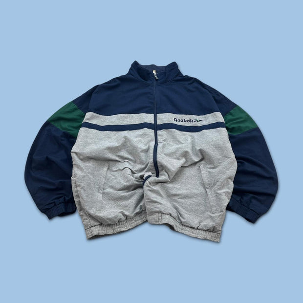 VINTAGE 90s REEBOK WINDBREAKER TRACK JACKET GREY / NAVY