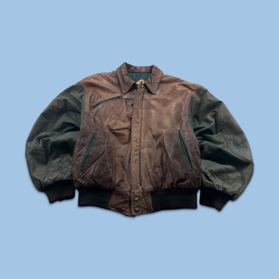 VINTAGE Y2K LEATHER FLIGHT BOMBER VARSITY JACKET BROWN / GREEN