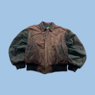 VINTAGE Y2K LEATHER FLIGHT BOMBER VARSITY JACKET BROWN / GREEN