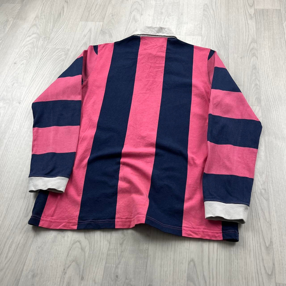ADIDAS STRIPED LONG SLEEVE RUGBY POLO SHIRT PINK / NAVY