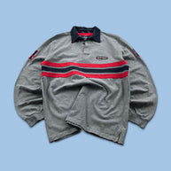 VINTAGE Y2K LION OF PORCHES STRIPED LONG SLEEVE RUGBY POLO SHIRT GREY