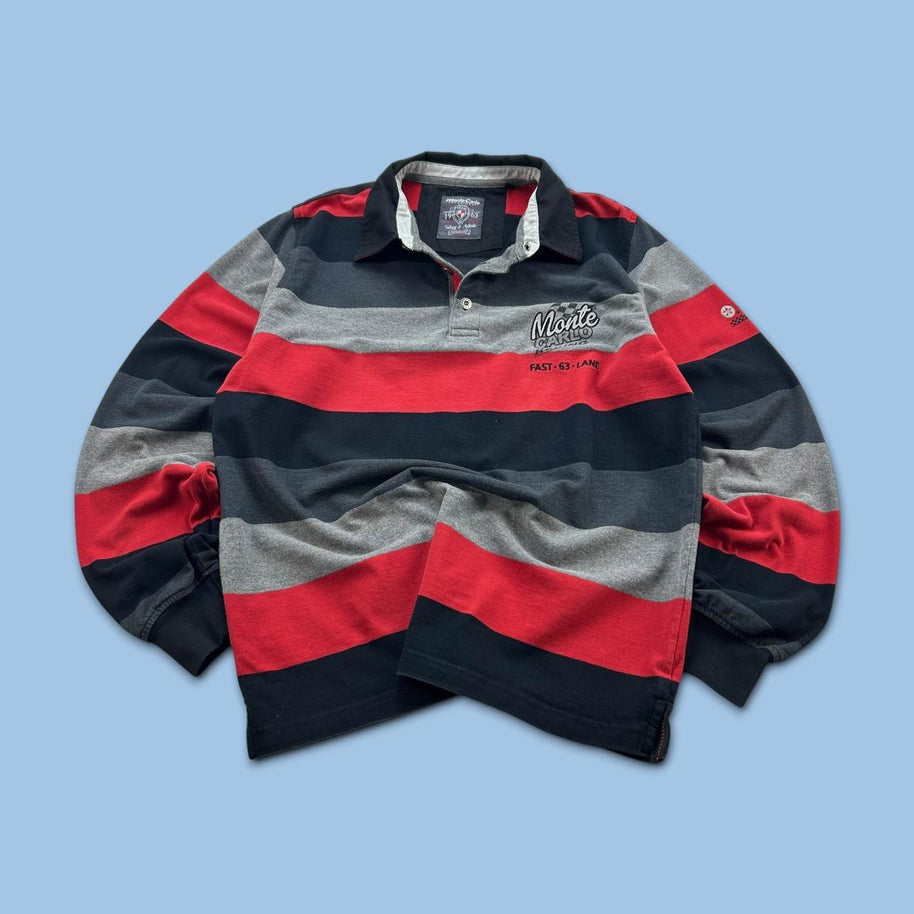 VINTAGE Y2K MONTE CARLO STRIPED LONG SLEEVE RUGBY POLO SHIRT RED / BLACK