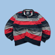 VINTAGE Y2K MONTE CARLO STRIPED LONG SLEEVE RUGBY POLO SHIRT RED / BLACK