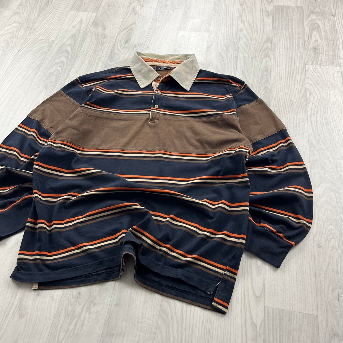 VINTAGE Y2K MISSON STRIPED LONG SLEEVE RUGBY POLO SHIRT BROWN