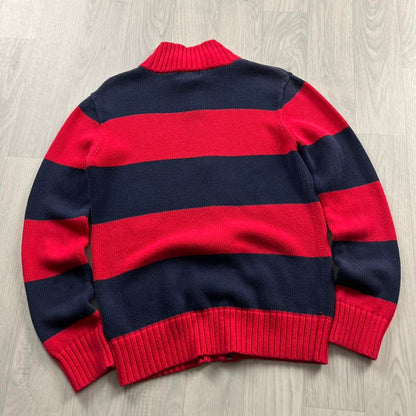VINTAGE Y2K POLO RALPH LAUREN CHUNKY STRIPED ZIP KNITTED JUMPER NAVY RED