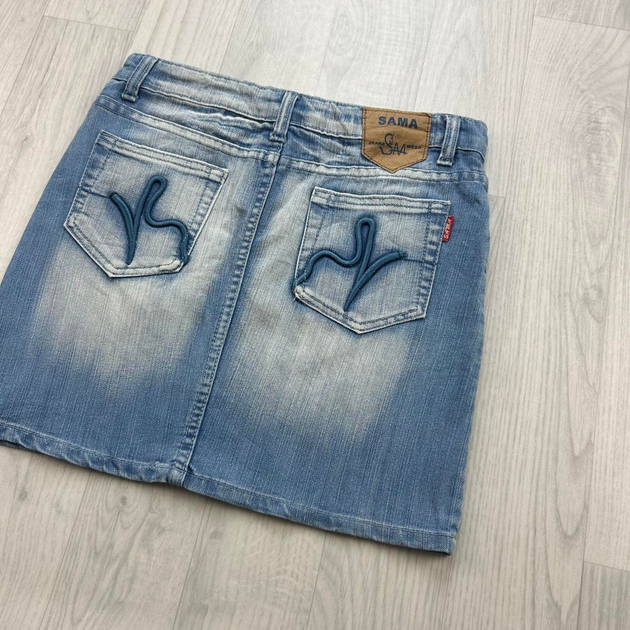 VINTAGE Y2K SAMA DENIM MIDI EMBROIDERED SKIRT BLUE
