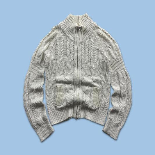 VINTAGE Y2K CHUNKY CABLE KNITTED ZIP JUMPER CREAM