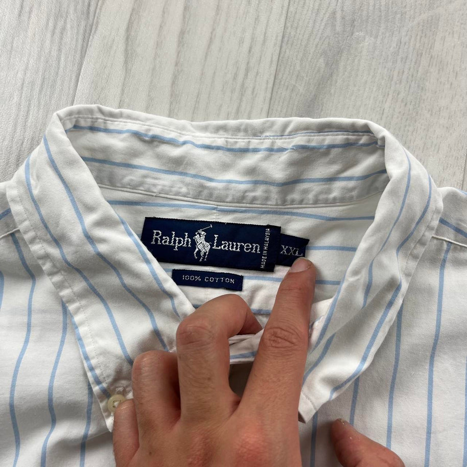 VINTAGE 00s RALPH LAUREN STRIPED CROPPED SHORT SLEEVE BUTTON UP SHIRT WHITE