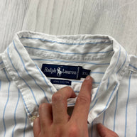 VINTAGE 00s RALPH LAUREN STRIPED CROPPED SHORT SLEEVE BUTTON UP SHIRT WHITE