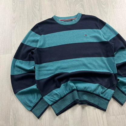 VINTAGE Y2K TOMMY HILFIGER STRIPED KNITTED JUMPER NAVY BLUE