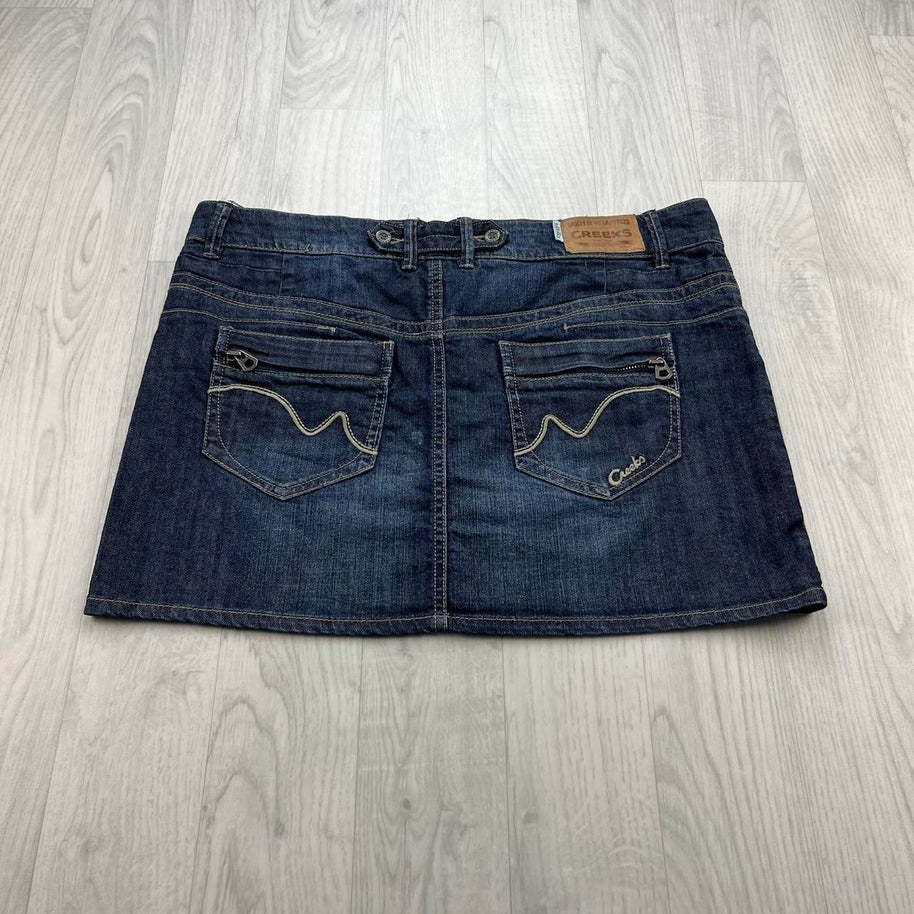 VINTAGE Y2K CREEKS DENIM EMBROIDERED MINI SKIRT NAVY BLUE