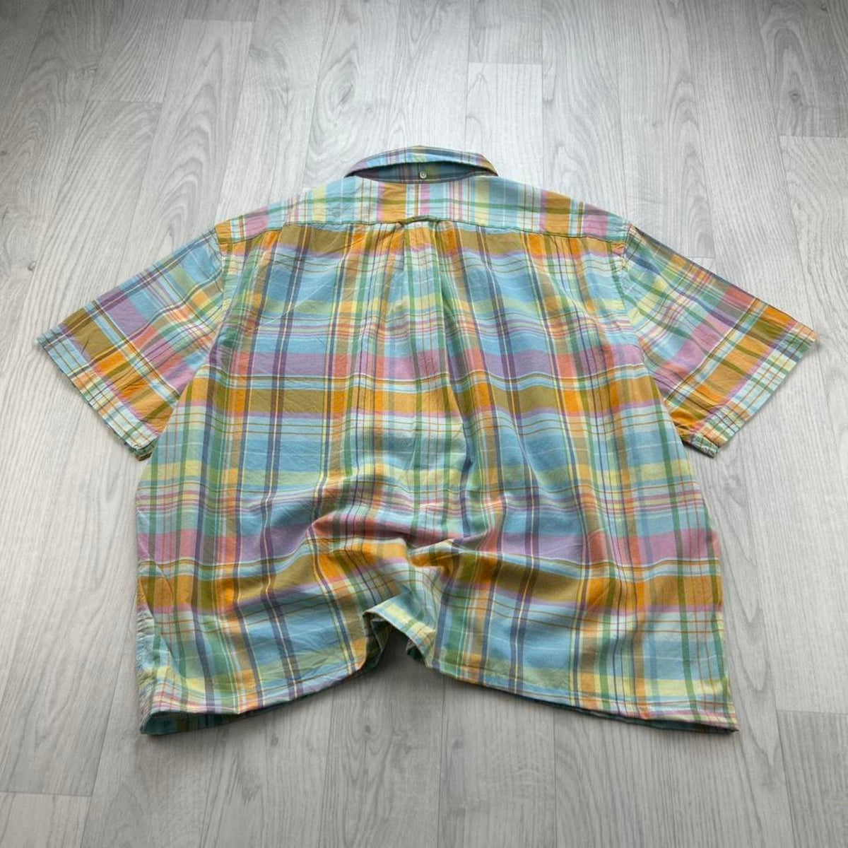 VINTAGE 00s RALPH LAUREN CHECKERED CROPPED SHORT SLEEVE BUTTON UP SHIRT BLUE