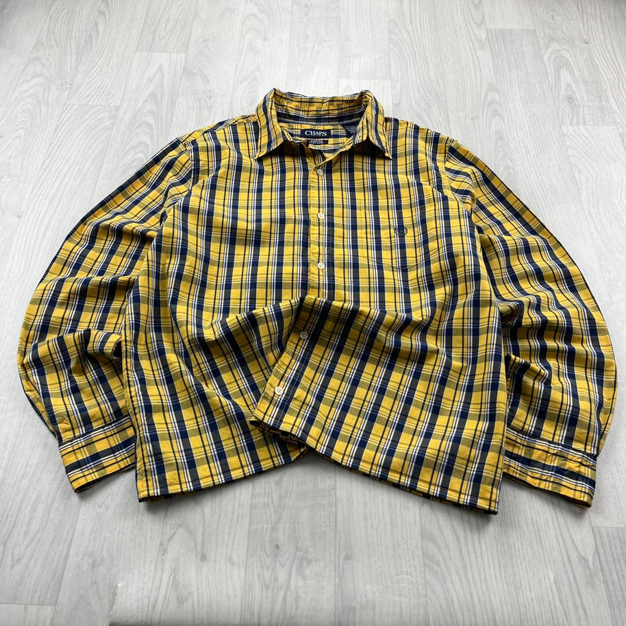 VINTAGE 00s CHAPS CHECKERED CROPPED LONG SLEEVE BUTTON UP SHIRT YELLOW