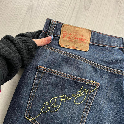 VINTAGE Y2K ED HARDY HIP HOP EMBROIDERED WIDE LEG BAGGY SKATE JEANS BLUE