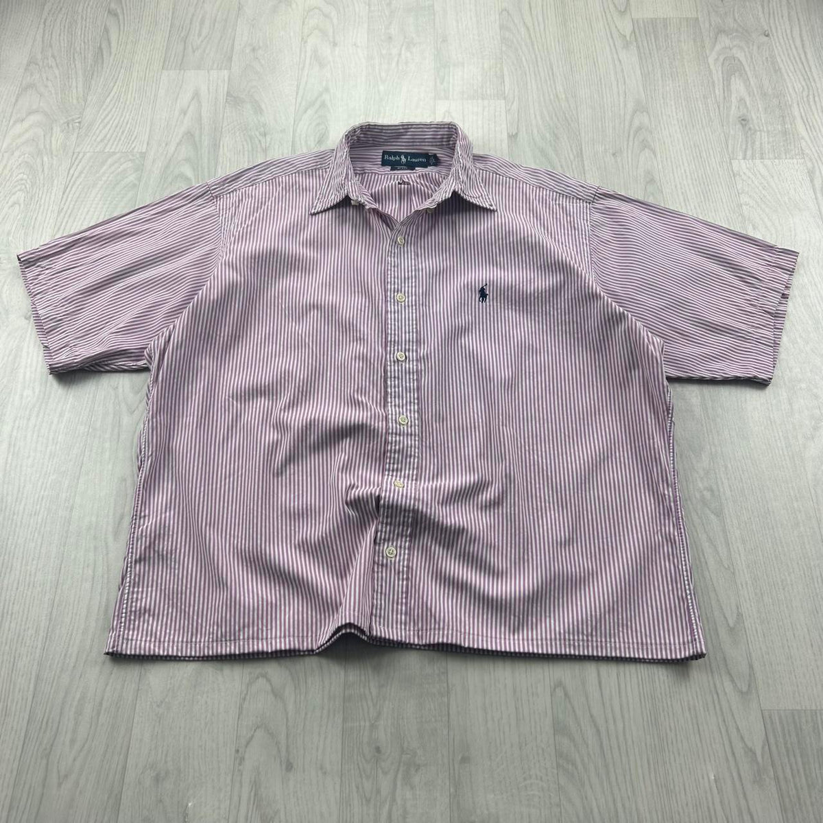 VINTAGE 00s RALPH LAUREN STRIPED CROPPED SHORT SLEEVE BUTTON UP SHIRT PURPLE