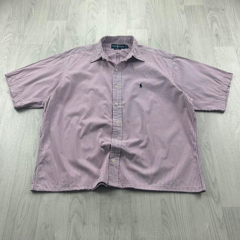 VINTAGE 00s RALPH LAUREN STRIPED CROPPED SHORT SLEEVE BUTTON UP SHIRT PURPLE