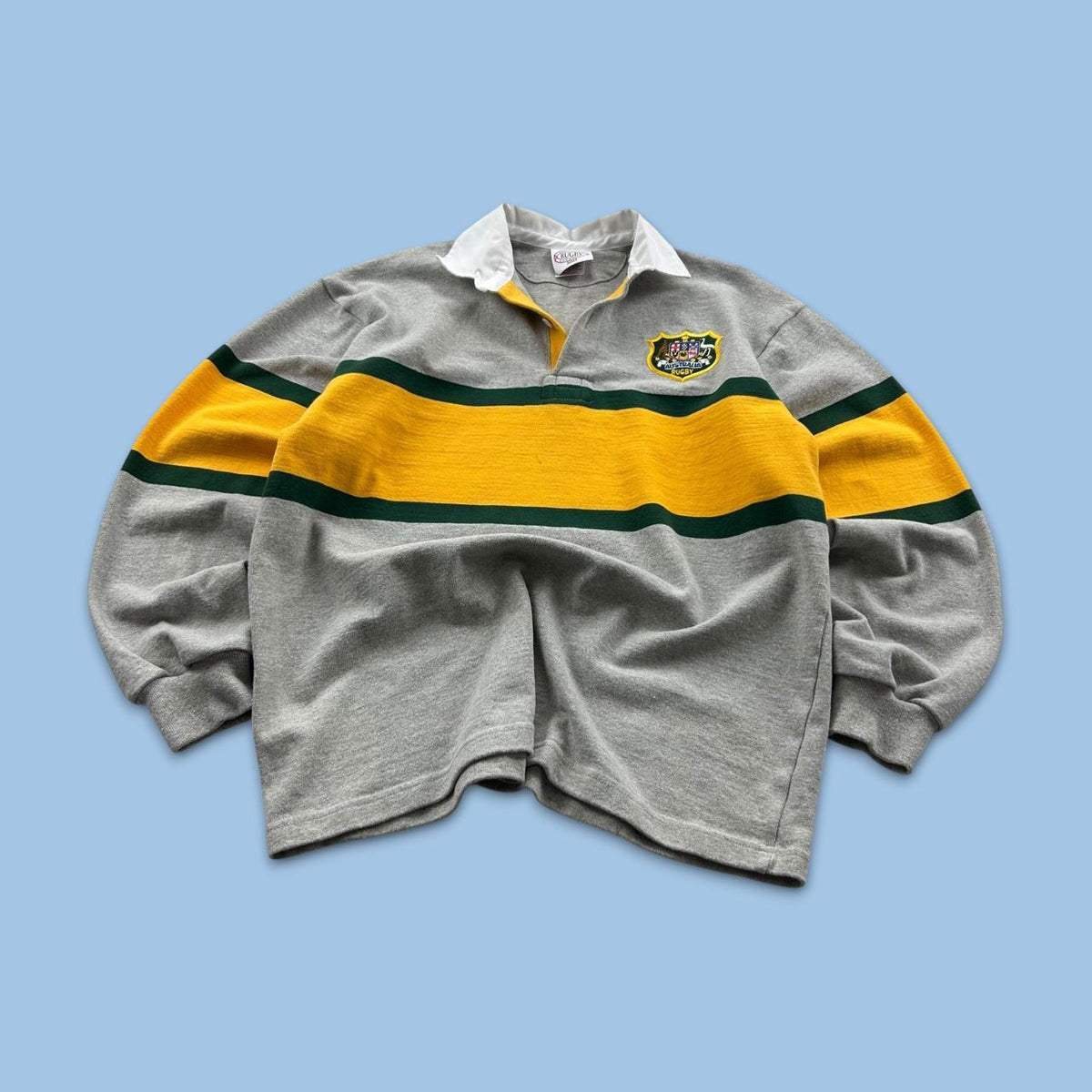 VINTAGE Y2K AUSTRALIA STRIPED LONG SLEEVE RUGBY POLO SHIRT GREY