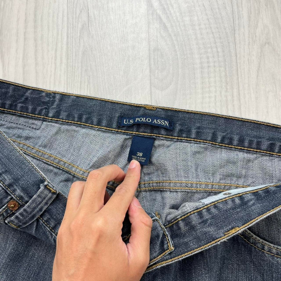 VINTAGE Y2K US POLO ASSN BAGGY DENIM JORTS NAVY BLUE