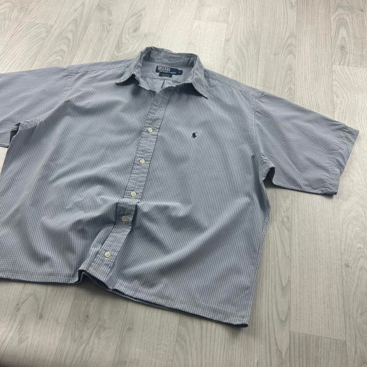 VINTAGE 00s RALPH LAUREN CHECKERED CROPPED SHORT SLEEVE BUTTON UP SHIRT BLUE