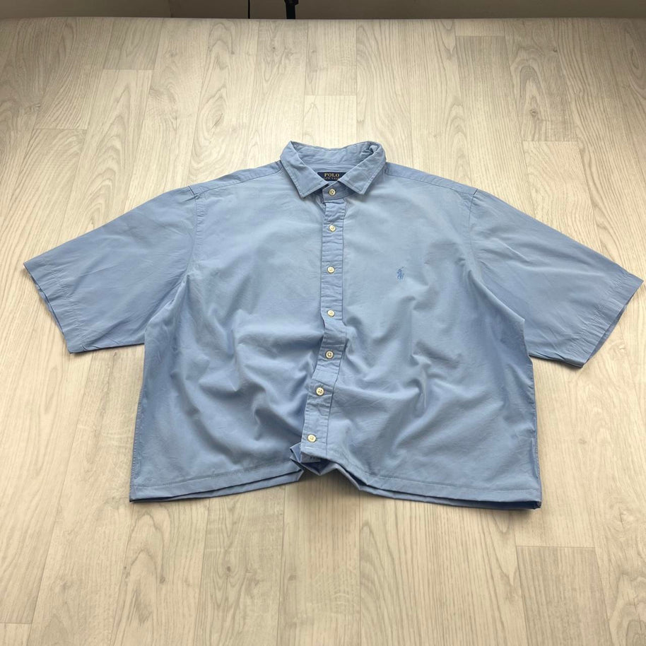 VINTAGE 00s RALPH LAUREN PLAIN CROPPED SHORT SLEEVE BUTTON UP SHIRT BLUE