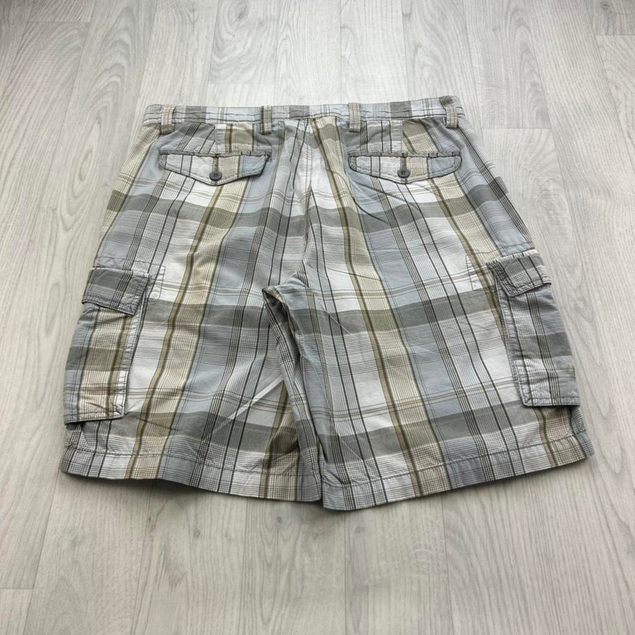 VINTAGE Y2K DOCKERS BAGGY CHECKERED PLAID CARGO SHORTS LIGHT BLUE / CREAM