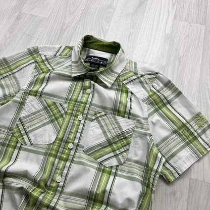 VINTAGE Y2K ALPINESTARS PLAID SHORT SLEEVE SHIRT GREEN WHITE