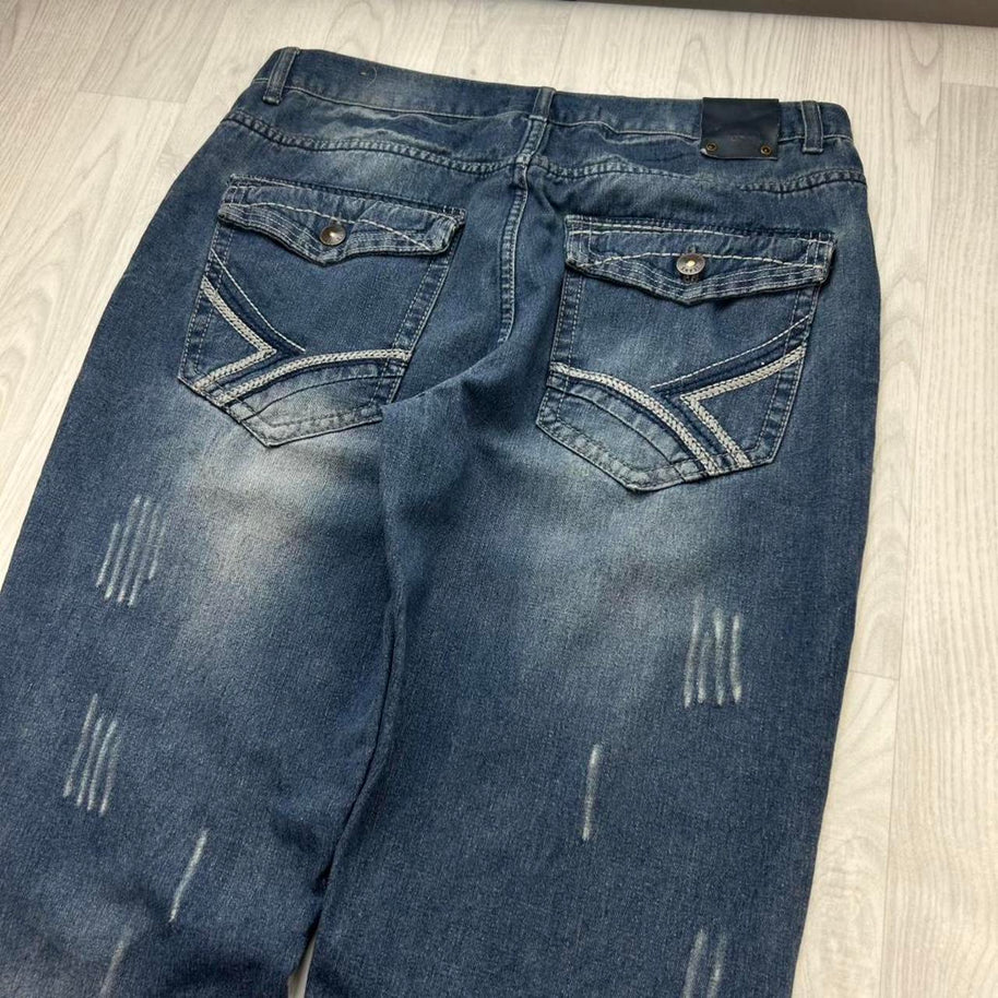 VINTAGE Y2K BAGGY DISTRESSED JEANS NAVY BLUE