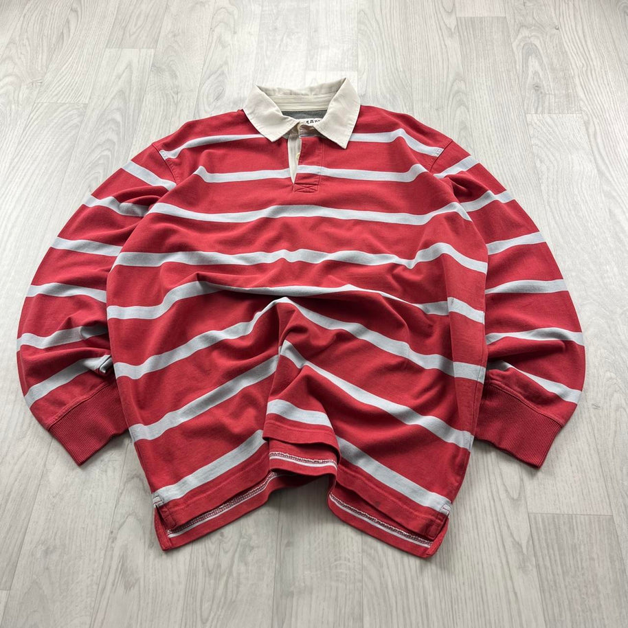 VINTAGE Y2K GAZMAN STRIPED LONG SLEEVE RUGBY POLO SHIRT RED