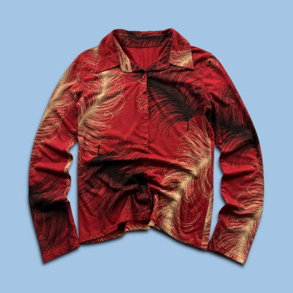VINTAGE Y2K LONG SLEEVE BUTTON GRAPHIC SHIRT RED