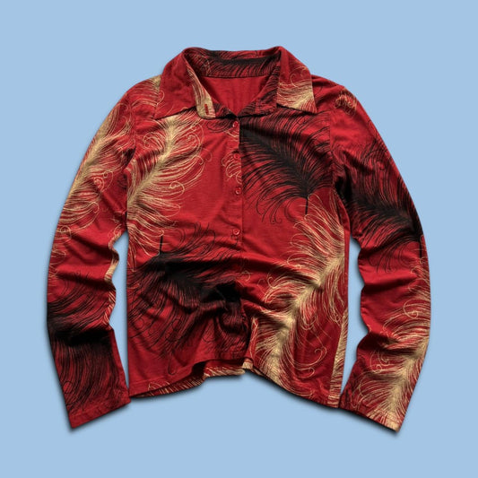 VINTAGE Y2K LONG SLEEVE BUTTON GRAPHIC SHIRT RED