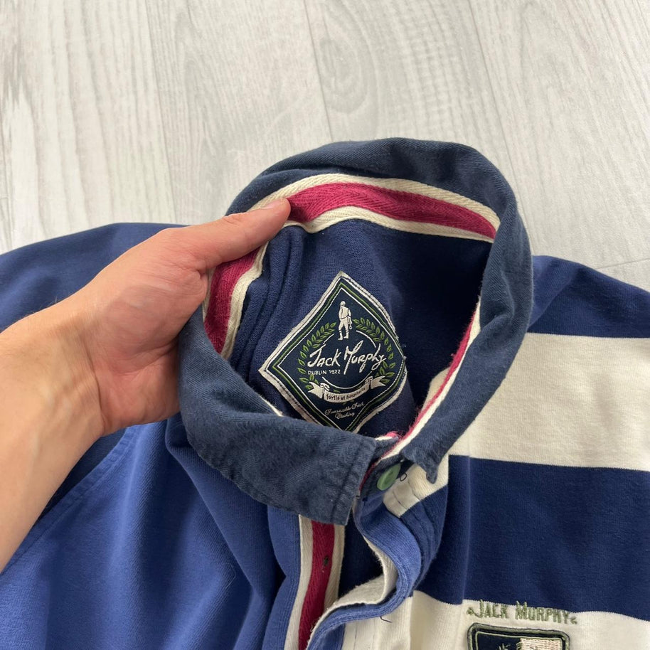 VINTAGE Y2K STRIPED LONG SLEEVE RUGBY POLO SHIRT NAVY BLUE