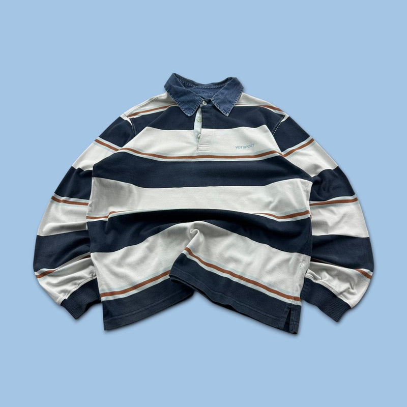 VINTAGE Y2K STRIPED LONG SLEEVE RUGBY POLO SHIRT NAVY / WHITE