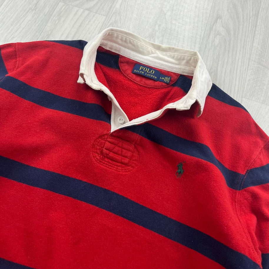 VINTAGE Y2K POLO RALPH LAUREN STRIPED LONG SLEEVE RUGBY POLO SHIRT RED