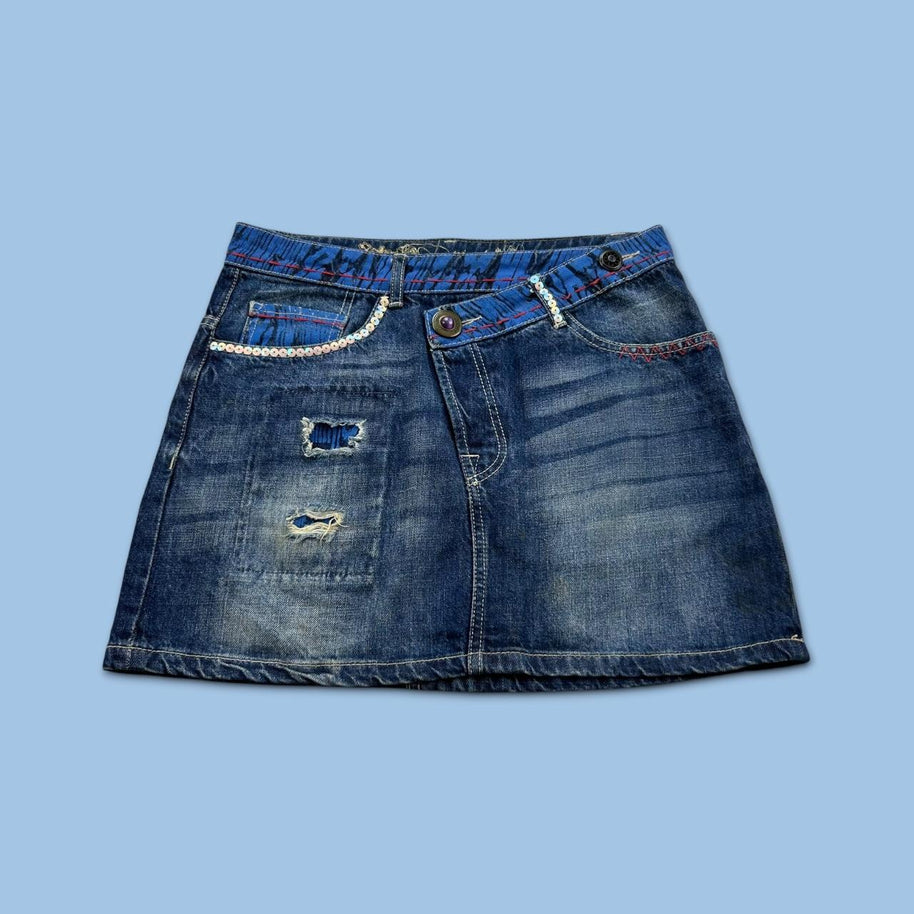VINTAGE Y2K DESIGUAL DENIM ASYMMETRIC MINI SKIRT BLUE