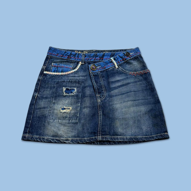 VINTAGE Y2K DESIGUAL DENIM ASYMMETRIC MINI SKIRT BLUE