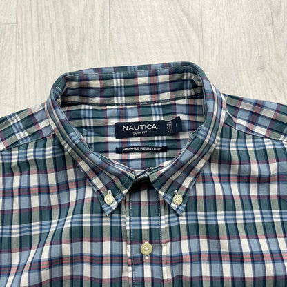 VINTAGE Y2K NAUTICA SHORT SLEEVE PLAID BUTTON UP SHIRT GREEN
