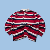 VINTAGE Y2K GAZMAN STRIPED LONG SLEEVE RUGBY POLO SHIRT RED