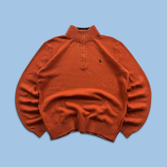 VINTAGE Y2K POLO RALPH LAUREN QUARTER ZIP CHUNKY KNITTED JUMPER ORANGE