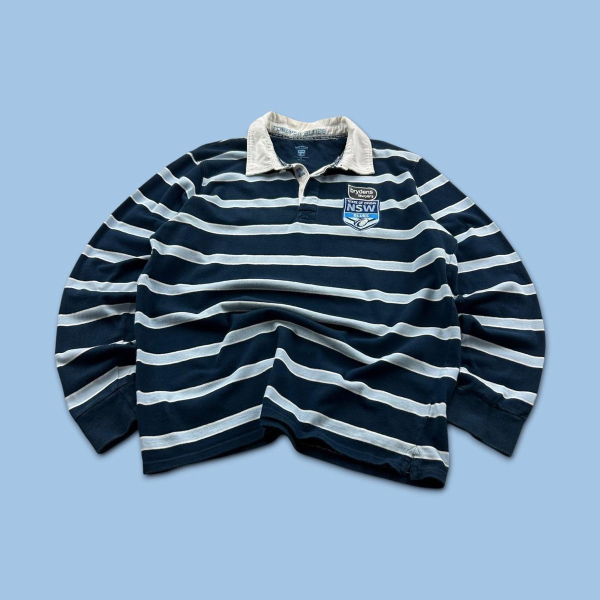 VINTAGE 00s NEW SOUTH WALES STRIPED LONG SLEEVE RUGBY POLO SHIRT NAVY / SKY BLUE