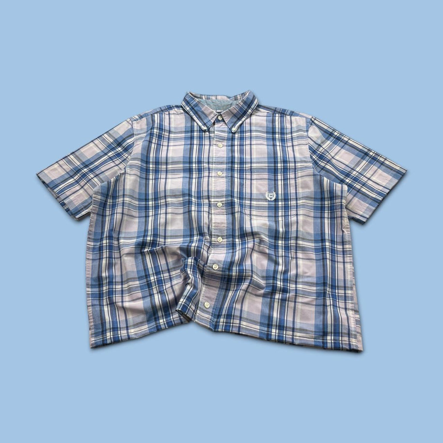 VINTAGE 00s CHAPS CHECKERED CROPPED SHORT SLEEVE BUTTON UP SHIRT BLUE