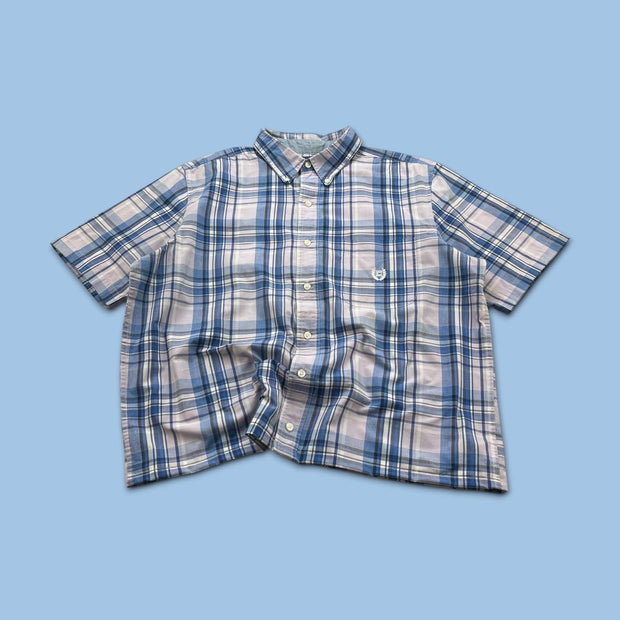 VINTAGE 00s CHAPS CHECKERED CROPPED SHORT SLEEVE BUTTON UP SHIRT BLUE