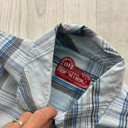 VINTAGE Y2K ANIMAL PLAID SHORT SLEEVE SHIRT LIGHT BLUE