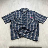 VINTAGE 00s ANIMAL CHECKERED CROPPED SHORT SLEEVE BUTTON UP SHIRT NAVY