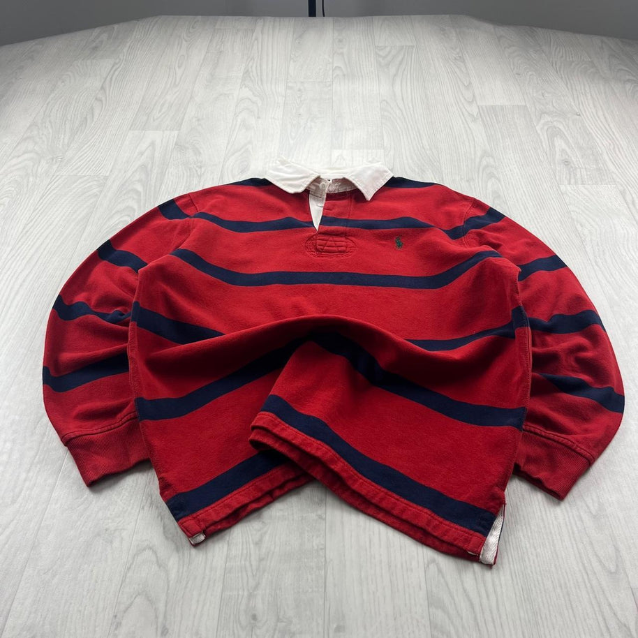 VINTAGE Y2K POLO RALPH LAUREN STRIPED LONG SLEEVE RUGBY POLO SHIRT RED