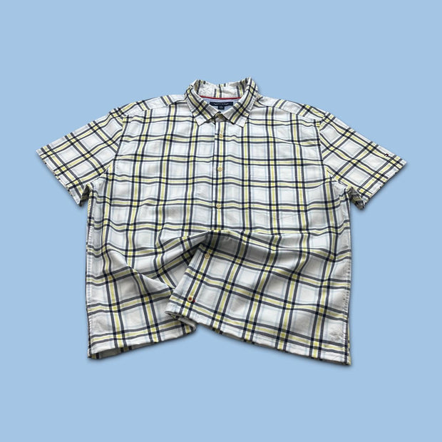 VINTAGE 00s TOMMY HILFIGER CHECKERED CROPPED SHORT SLEEVE BUTTON UP SHIRT WHITE