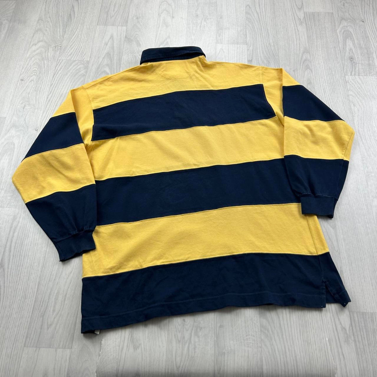 VINTAGE Y2K STRIPED LONG SLEEVE RUGBY POLO SHIRT NAVY / YELLOW