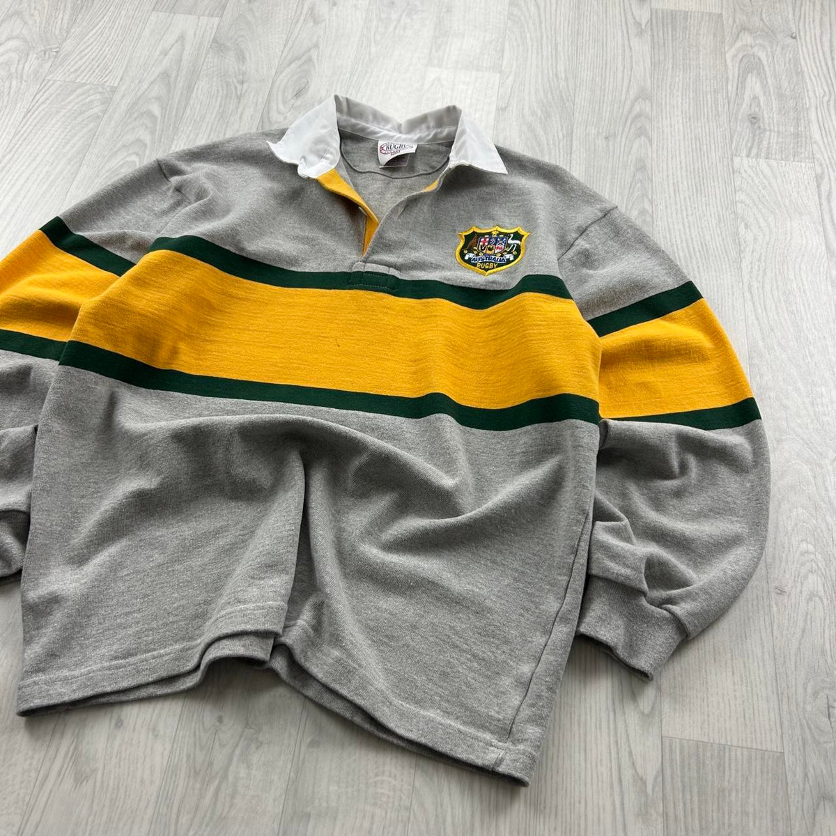 VINTAGE Y2K AUSTRALIA STRIPED LONG SLEEVE RUGBY POLO SHIRT GREY
