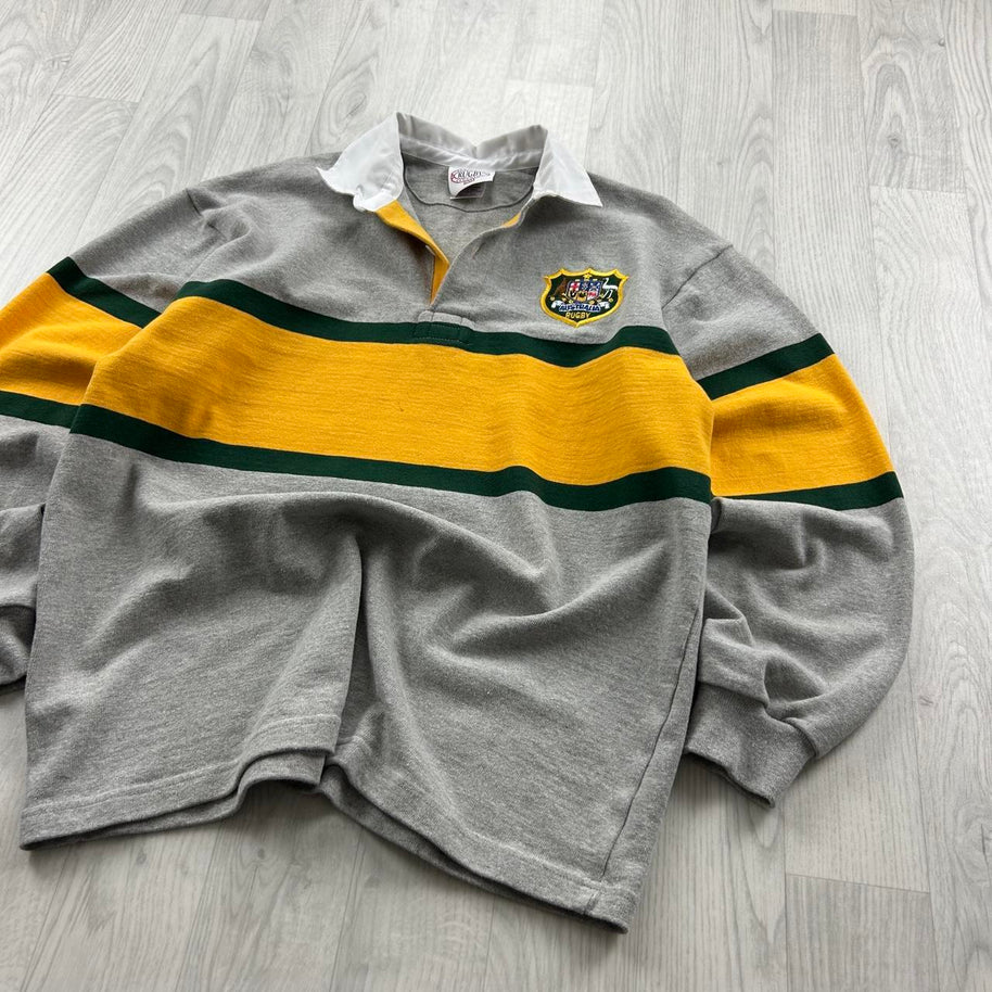 VINTAGE Y2K AUSTRALIA STRIPED LONG SLEEVE RUGBY POLO SHIRT GREY